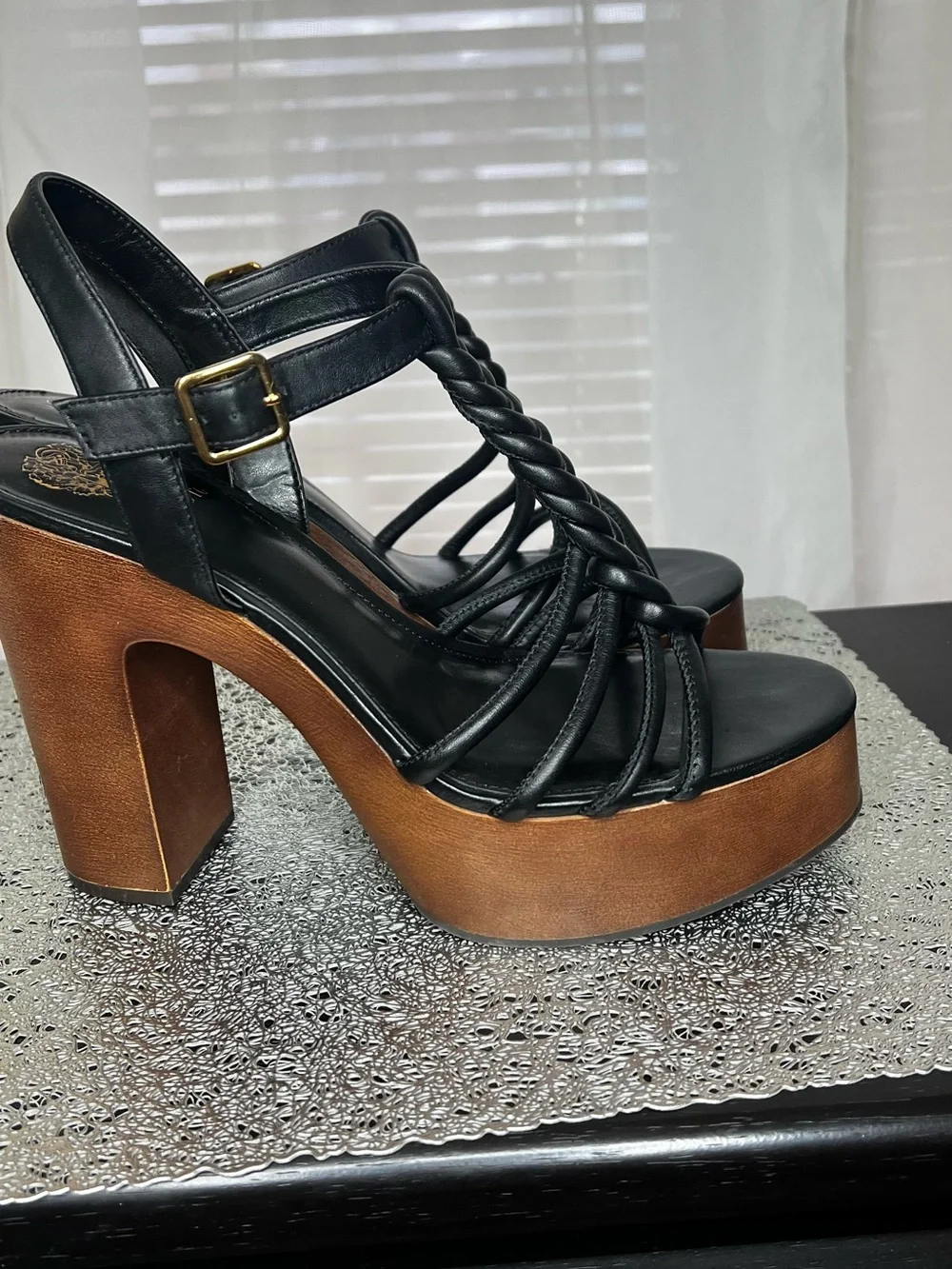 Vince Camuto Black Braided T-Strap Platform Sandal with Wood-Look Heel